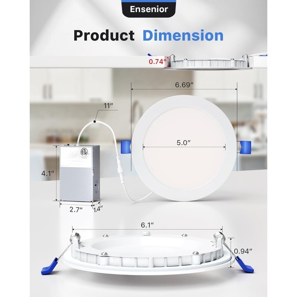 Ensenior 12-Pack 6" LED Recessed Lights – 5CCT 1050LM Dimmable Canles, IC‎ Rated - Picture 8 of 9